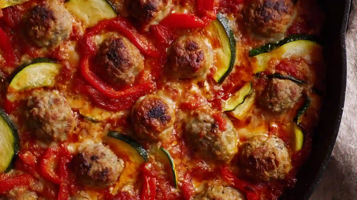 moroccan-spiral-meatball-zucchini-bake-step5-bake Baked Moroccan Spiral Meatball Zucchini Bake with browned meatballs and bubbling tomato sauce, quick weeknight healthy meals