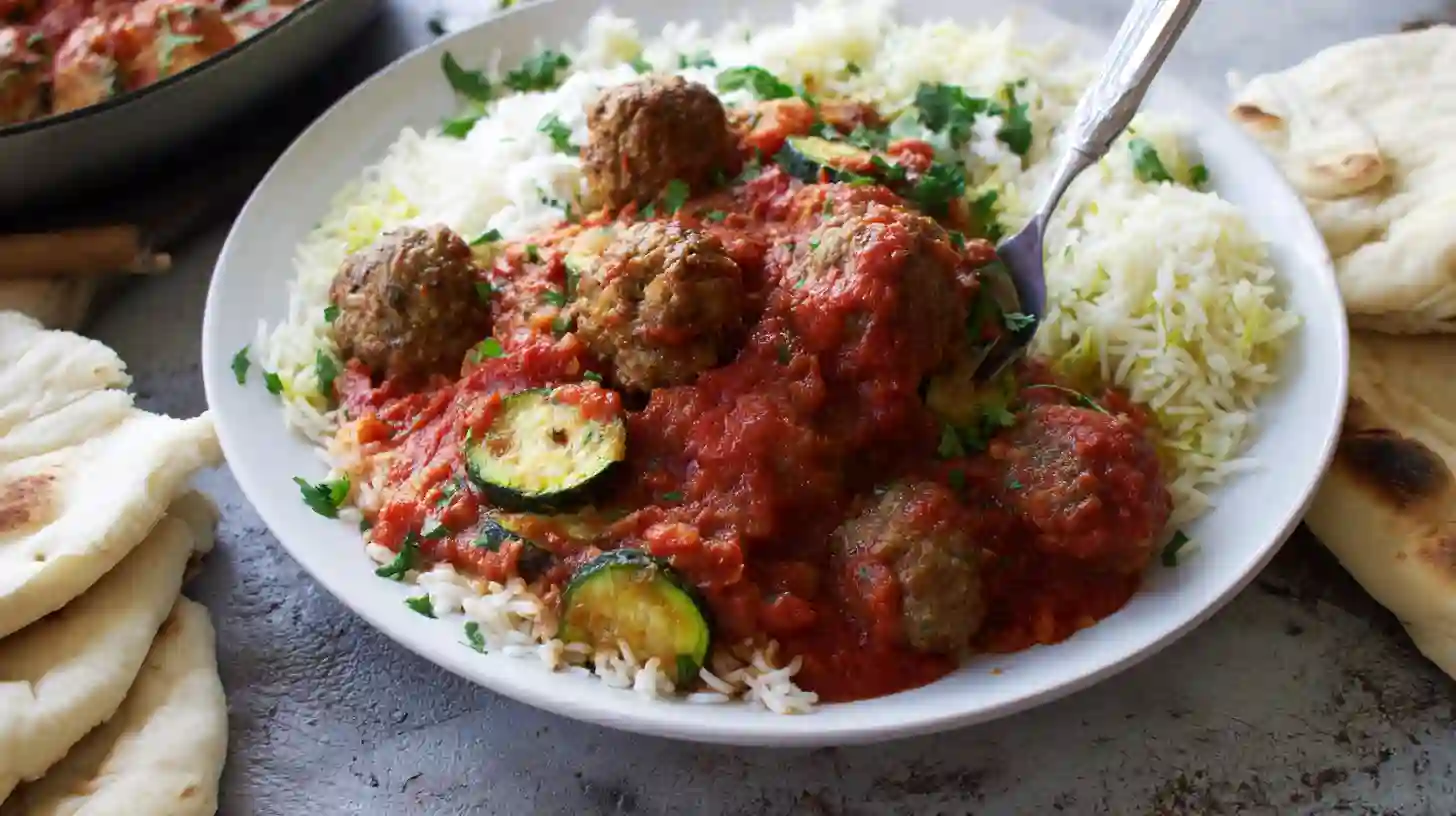 moroccan-spiral-meatball-zucchini-bake-step6-serve Serving Moroccan Spiral Meatball Zucchini Bake with rice and flatbreads, healthy dinner recipes for families