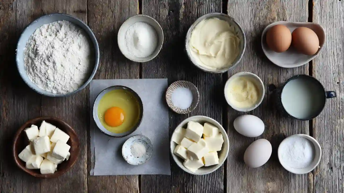 mozzarella-stuffed-soft-pretzels-recipe-easy-ingredients Mozzarella stuffed soft pretzels ingredients flat lay – flour, yeast, mozzarella cheese, butter, and baking soda