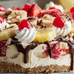 No-Bake Banana Split Cheesecake with graham cracker crust and fresh fruit topping.Best desserts for kids’ parties