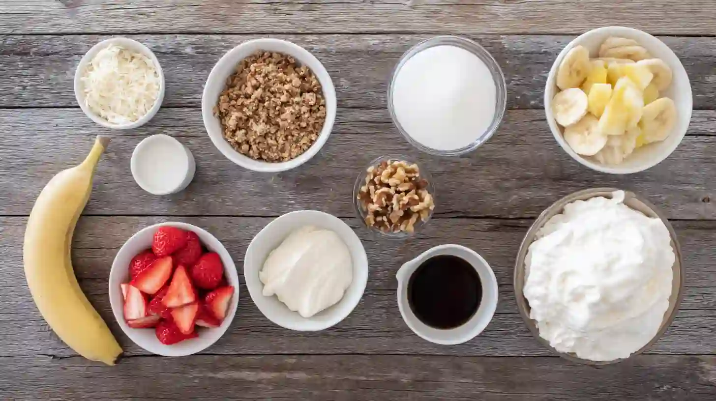 no-bake-banana-split-cheesecake-ingredients-Image Ingredients for No-Bake Banana Split Cheesecake with fruit, cream cheese, and crust.Summer cookout desserts