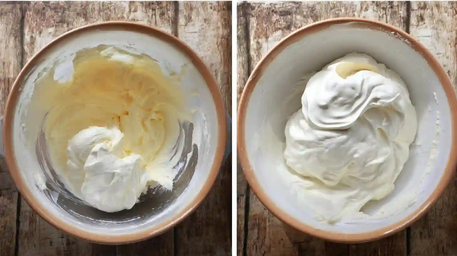 no-bake-banana-split-cheesecake-step2-creamy-base Step 2 whipping creamy base for no-bake banana split cheesecake, creamy banana cheesecake and easy banana cheesecake dessert for healthy no-bake desserts