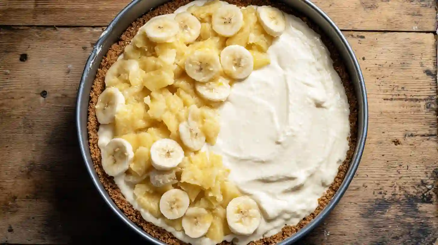 no-bake-banana-split-cheesecake-step3-layer-fruit Step 3 layering fruit in no-bake banana split cheesecake, layered banana split dessert with cream cheese for easy banana split dessert and summer cookout desserts