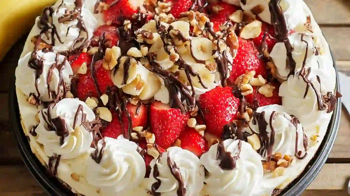 no-bake-banana-split-cheesecake-step4-finish Step 4 chilled no-bake banana split cheesecake topped with fresh fruit and chocolate, easy no-bake cheesecake with fresh fruit and luxury chocolate cheesecake for best desserts for kids’ parties