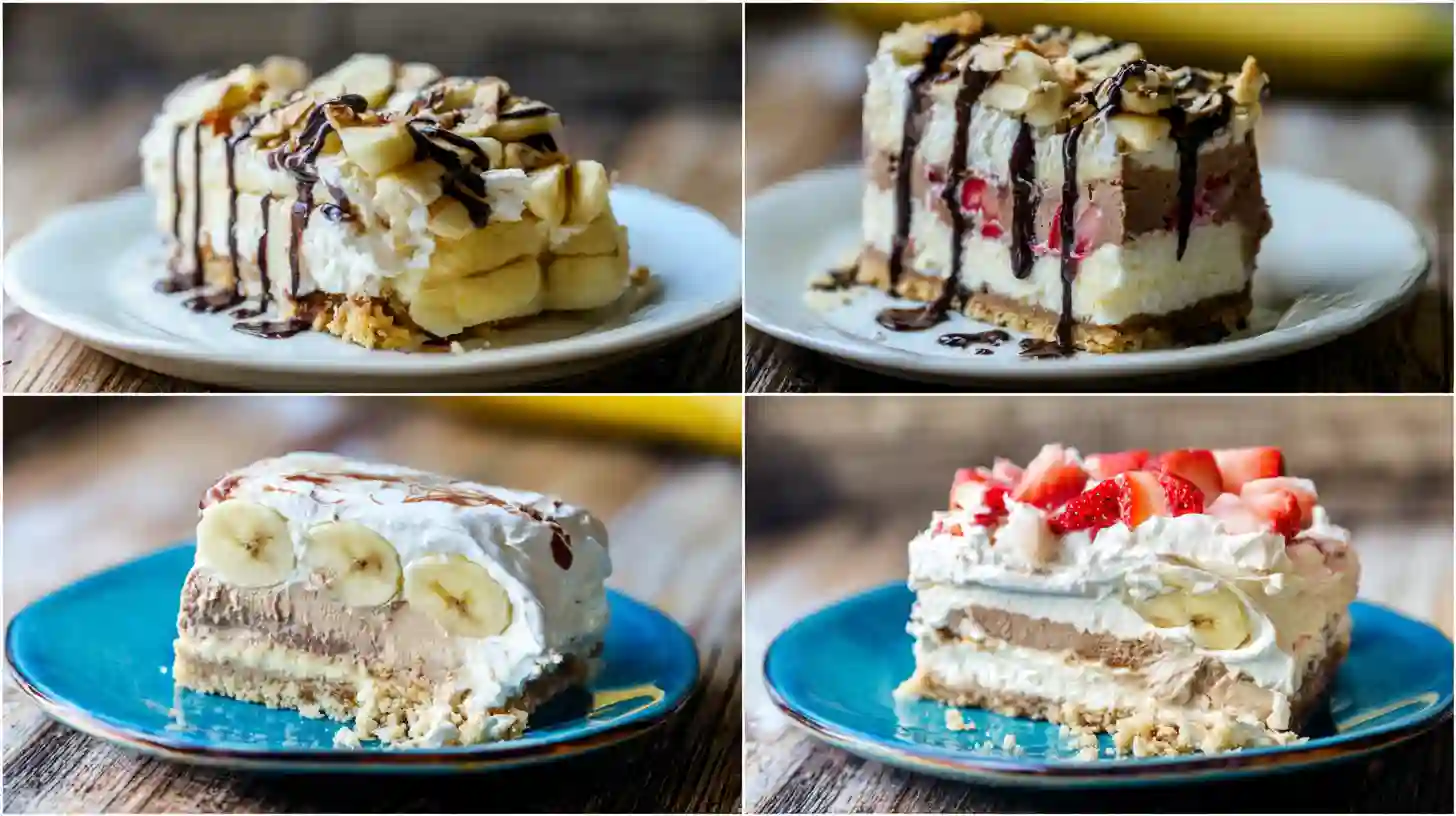 no-bake-banana-split-cheesecake-variations Four variations of no-bake banana split cheesecake including classic banana split cheesecake, layered banana split cheesecake, banana split pie no bake, and easy banana split dessert for summer cookout desserts