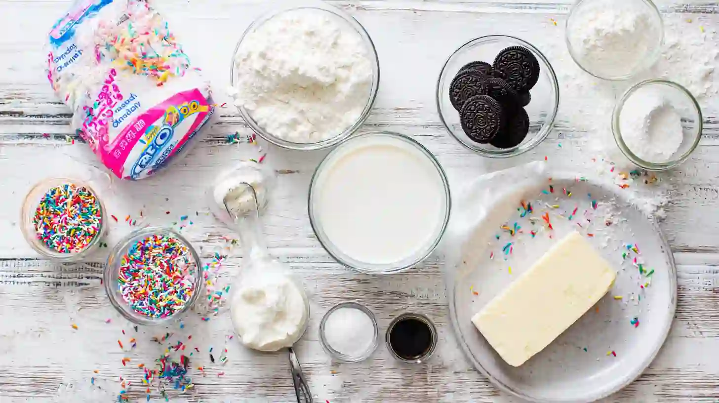 no-bake-funfetti-oreo-icebox-cake-ingredients-Image Ingredients for No-Bake Funfetti Oreo Icebox Cake recipe with Oreos, sprinkles, and cream, one of the best easy desserts for kids to make