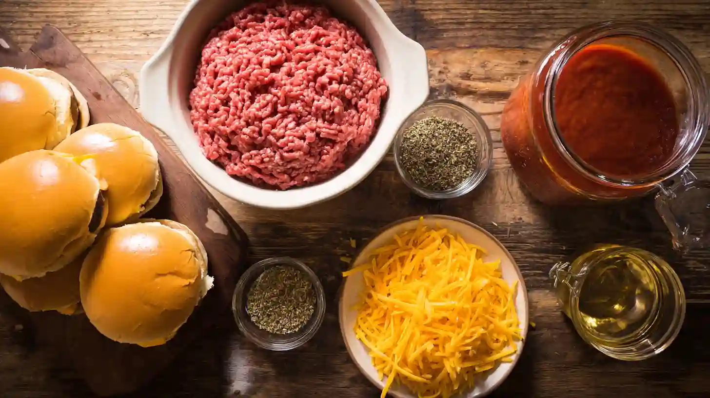 old-school-pizza-burgers-ingredients Old School Pizza Burgers ingredients – ground beef, pizza sauce, Italian seasoning, burger buns, shredded cheddar cheese for budget-friendly weeknight dinners