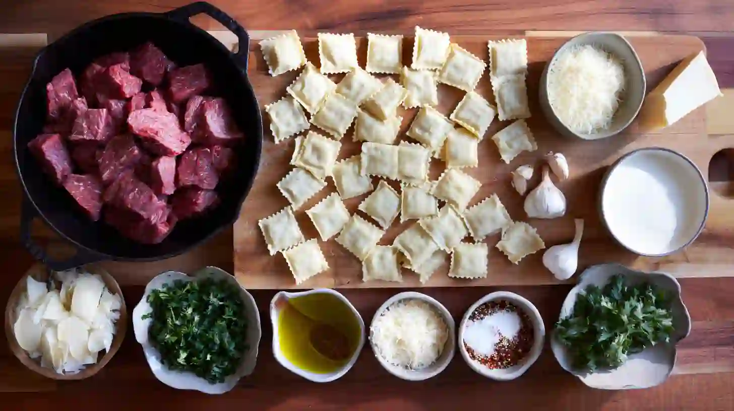 one-skillet-garlic-butter-steak-and-cheese-ravioli-ingredients Ingredients for One-Skillet Garlic Butter Steak and Cheese Ravioli – quick high-protein dinner idea
