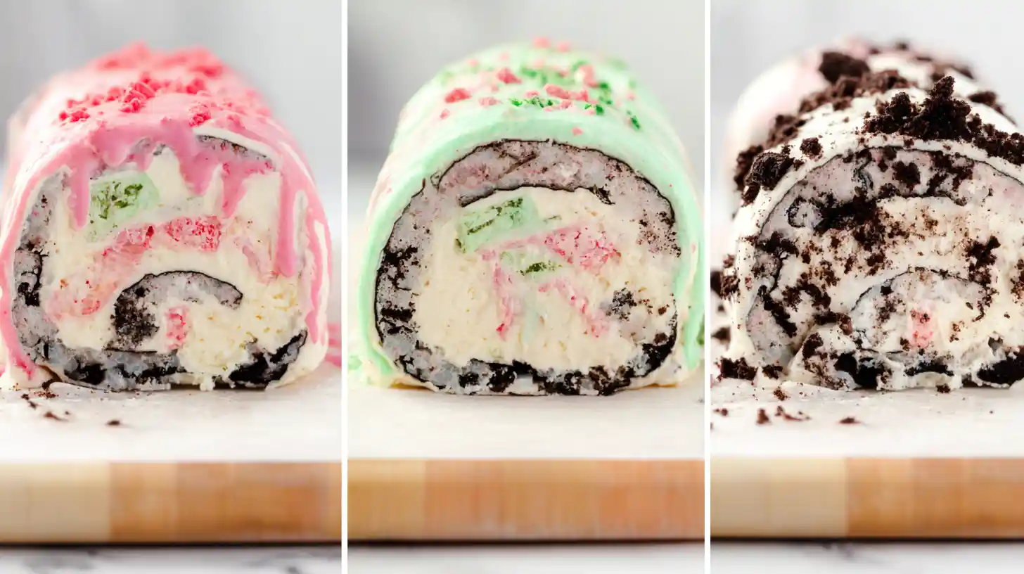 oreo-cheesecake-roll-variations-strawberry-mint-cookies Three Oreo Cheesecake Roll variations – strawberry Oreo roll, mint Oreo roll, and cookies & cream explosion – best online dessert recipes and quick Oreo cheesecake.
