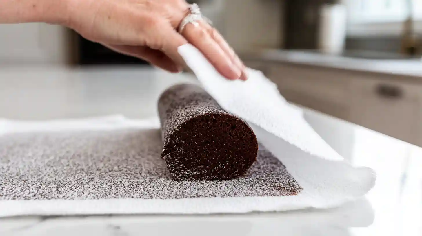 oreo-cheesecake-sushi-roll-step2-roll-warm Step 2 rolling chocolate cake warm for Oreo Cream Cheese Cheesecake Sushi Roll – easy holiday desserts and Oreo dessert roll recipe.