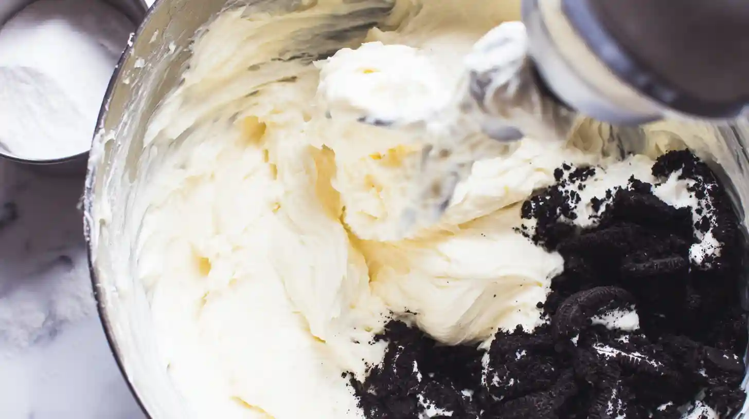oreo-cheesecake-sushi-roll-step3-make-filling Step 3 Oreo cream cheese filling for Oreo Cream Cheese Cheesecake Sushi Roll – best family desserts and quick Oreo cheesecake recipe.