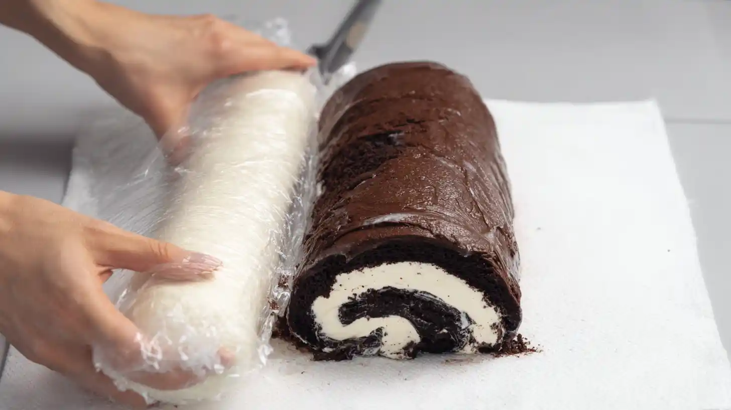 oreo-cheesecake-sushi-roll-step4-fill-reroll Step 4 filling and re-rolling Oreo Cream Cheese Cheesecake Sushi Roll – easy Oreo dessert roll recipe for quick family desserts.
