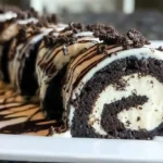 Step 5 decorating Oreo Cream Cheese Cheesecake Sushi Roll with white chocolate drizzle and Oreos – best holiday desserts and quick Oreo cheesecake recipe.