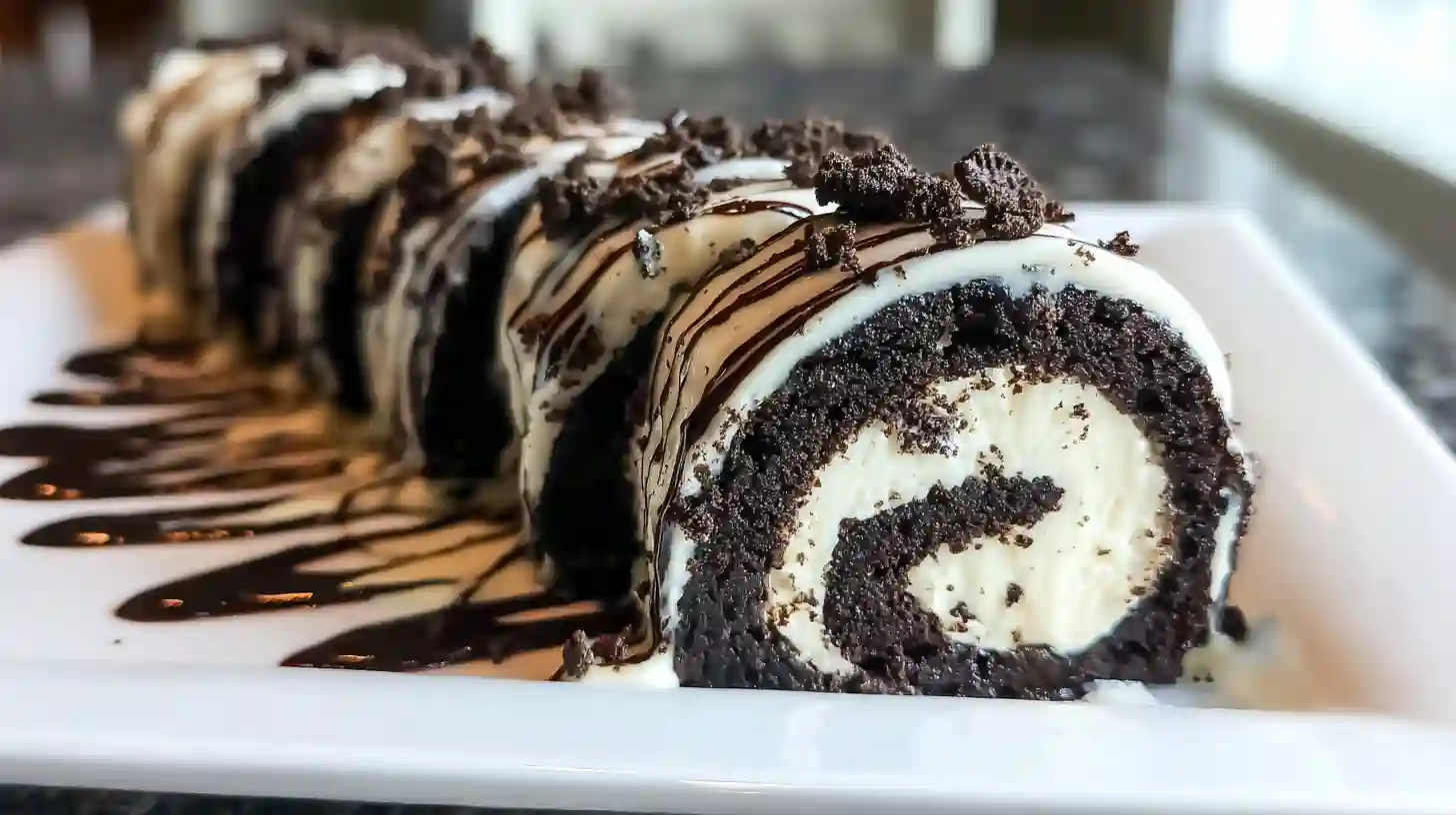 oreo-cheesecake-sushi-roll-step5-decorate Step 5 decorating Oreo Cream Cheese Cheesecake Sushi Roll with white chocolate drizzle and Oreos – best holiday desserts and quick Oreo cheesecake recipe.