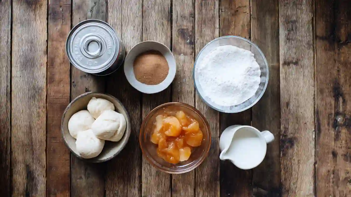 peach-pie-cruffins-ingredients Peach Pie Cruffins ingredients – refrigerated crescent roll dough, peach preserves, cinnamon, powdered sugar, and heavy cream for easy pastry recipes