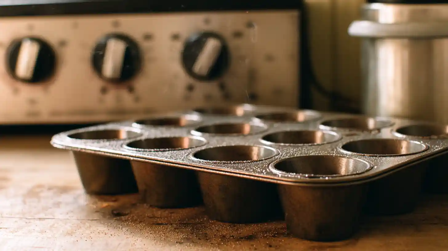 peach-pie-cruffins-step1-prep-oven-muffin-tin Preheating oven to 375°F and greasing muffin tin for Peach Pie Cruffins – easy dessert recipes for families and quick pastry ideas.