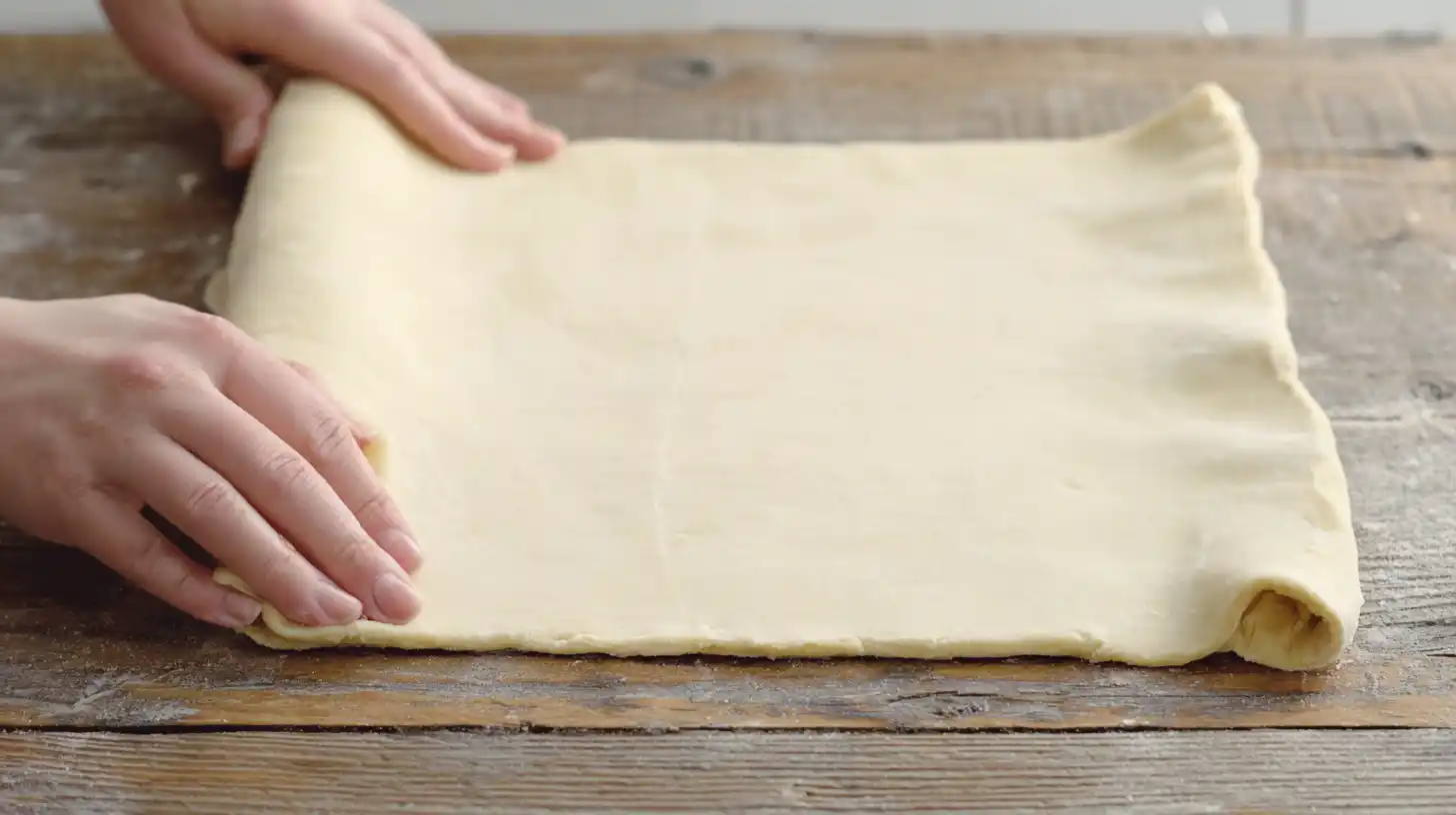 peach-pie-cruffins-step3-roll-dough Rolling out crescent dough and sealing seams for Peach Pie Cruffins – easy peach pastry muffins and quick dessert recipes for families.