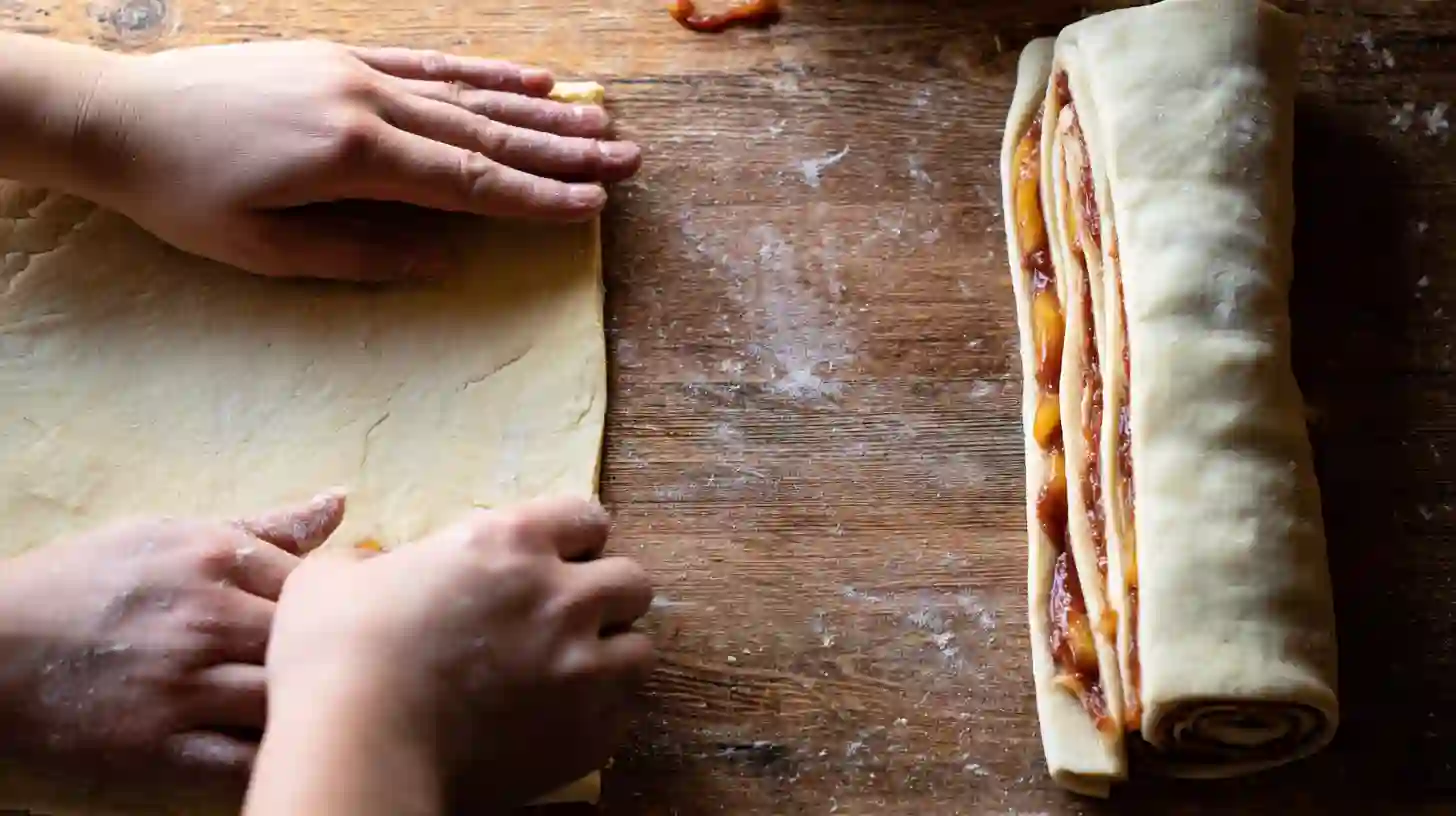 peach-pie-cruffins-step4-spread-roll Spreading peach preserves and rolling dough for Peach Pie Cruffins – homemade pastry ideas and easy peach pastry muffins.
