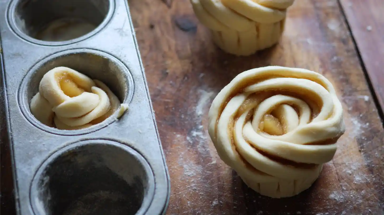 peach-pie-cruffins-step5-twist-shape Twisting and shaping Peach Pie Cruffins dough strips into spirals – simple breakfast pastries and easy peach pastry muffins.