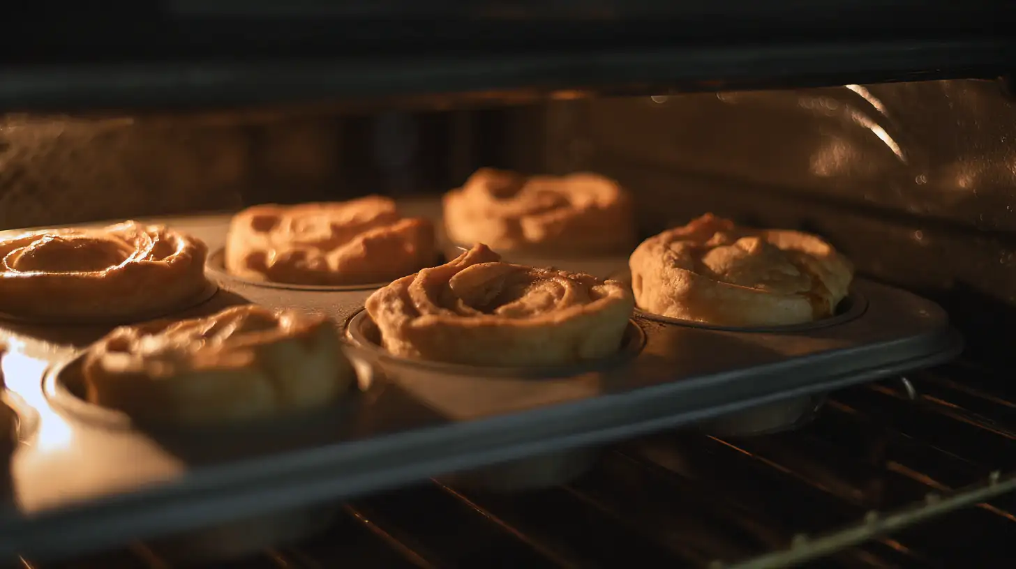 peach-pie-cruffins-step6-bake Baking Peach Pie Cruffins in the oven until puffed and golden – easy holiday baking recipes and simple breakfast pastries.
