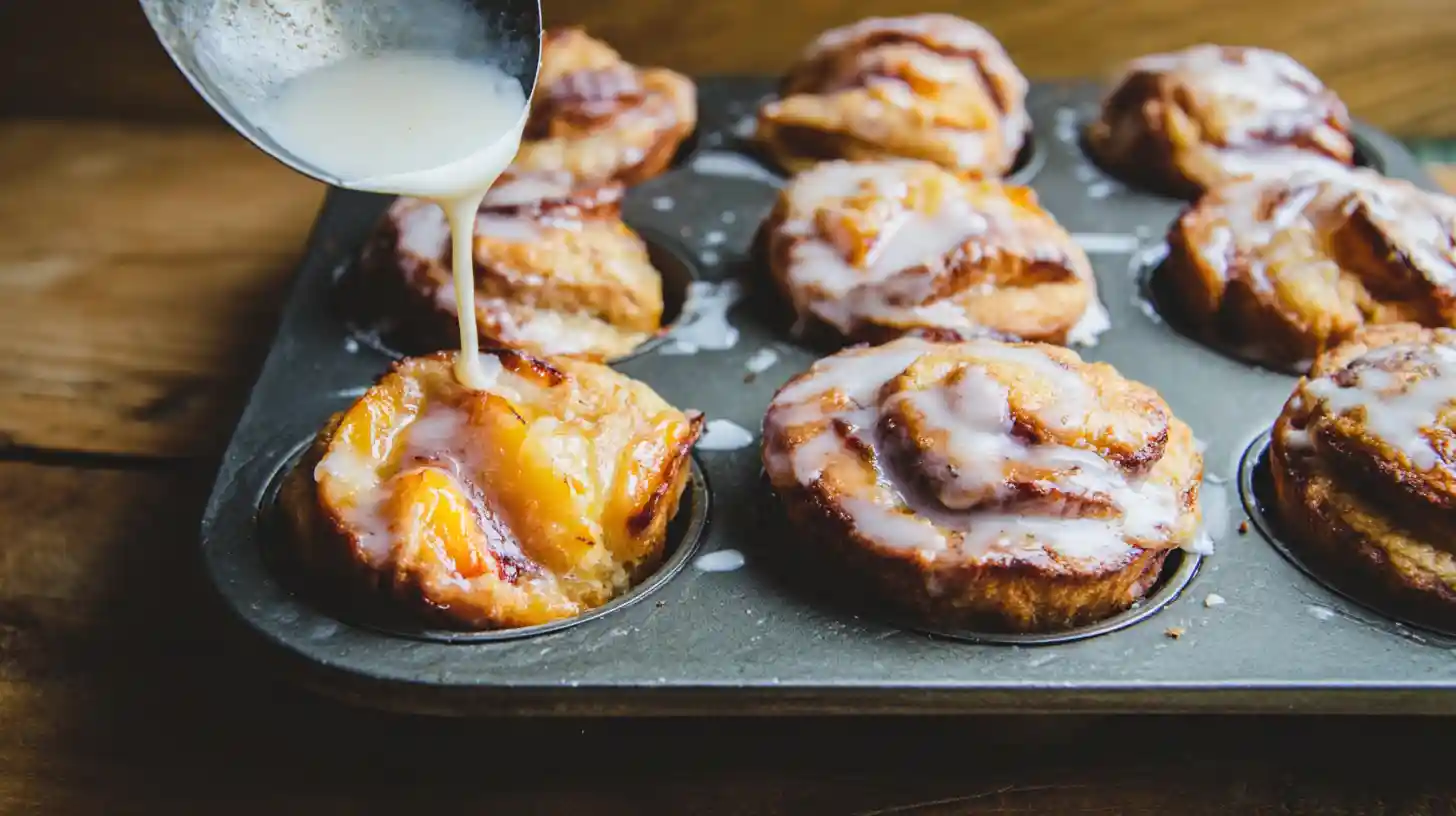 peach-pie-cruffins-step7-glaze Drizzling glaze over warm Peach Pie Cruffins – easy peach pastry muffins and quick dessert recipes for families.