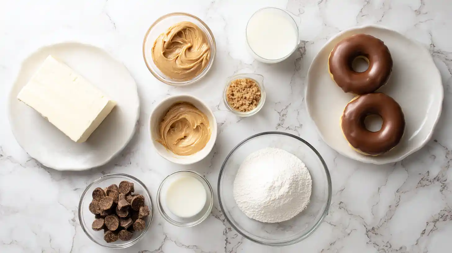 peanut-butter-cheesecake-donut-ingredients-Image Peanut Butter Cheesecake Donut Ingredients Flat Lay