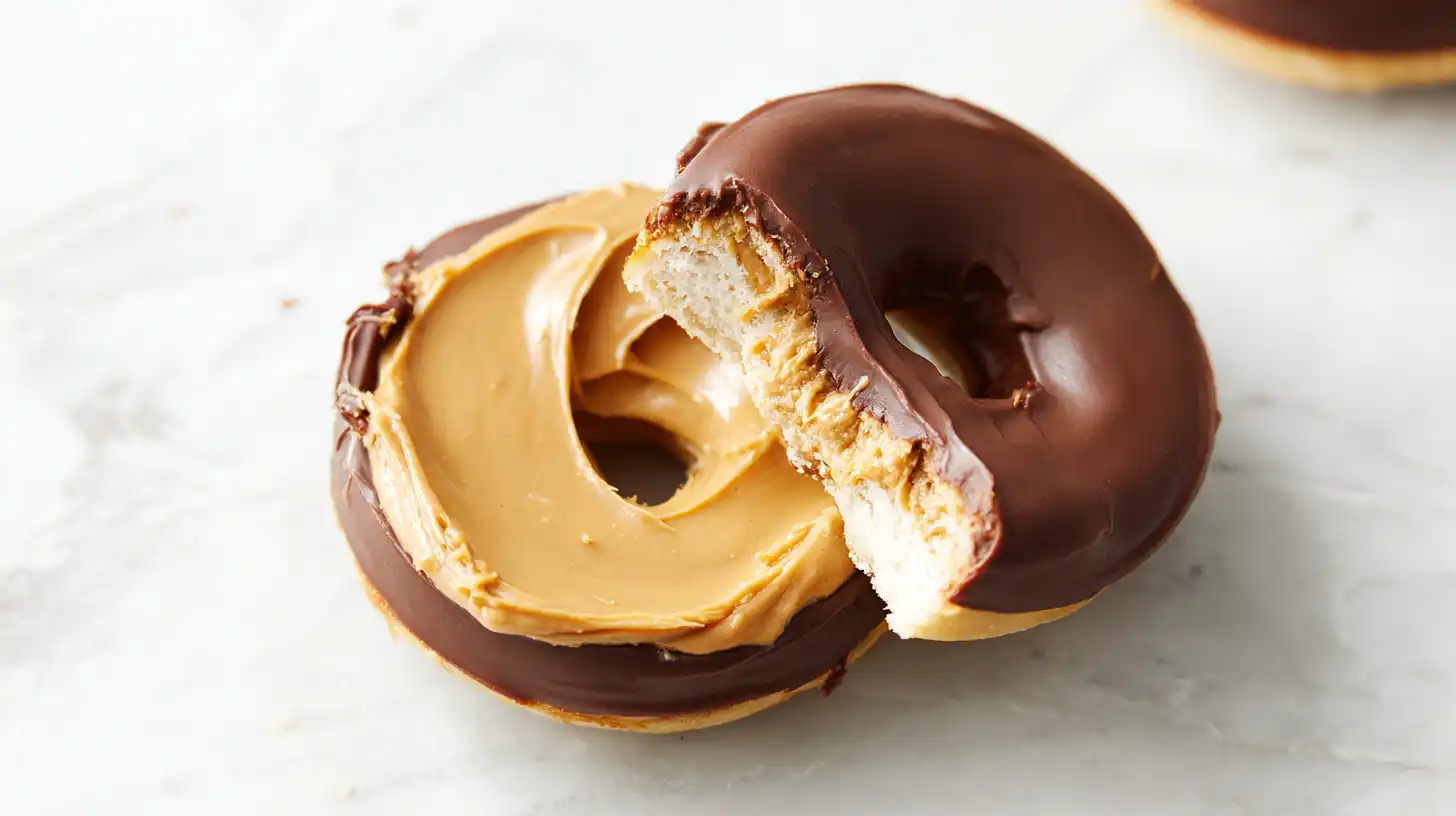 peanut-butter-cheesecake-donut-step2-slice-spread Peanut Butter Cheesecake Donut Recipe Step 2 – Slice Chocolate Donuts and Spread Peanut Butter (high AdSense keywords: easy peanut butter donuts, best kitchen appliances for baking)