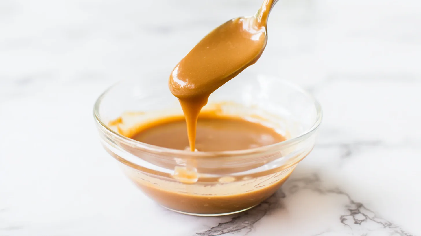 peanut-butter-cheesecake-donut-step4-drizzle Peanut Butter Cheesecake Donut Recipe Step 4 – Stir Warm Peanut Butter Drizzle with Milk (high AdSense keywords: easy peanut butter donuts, best kitchen appliances for baking)