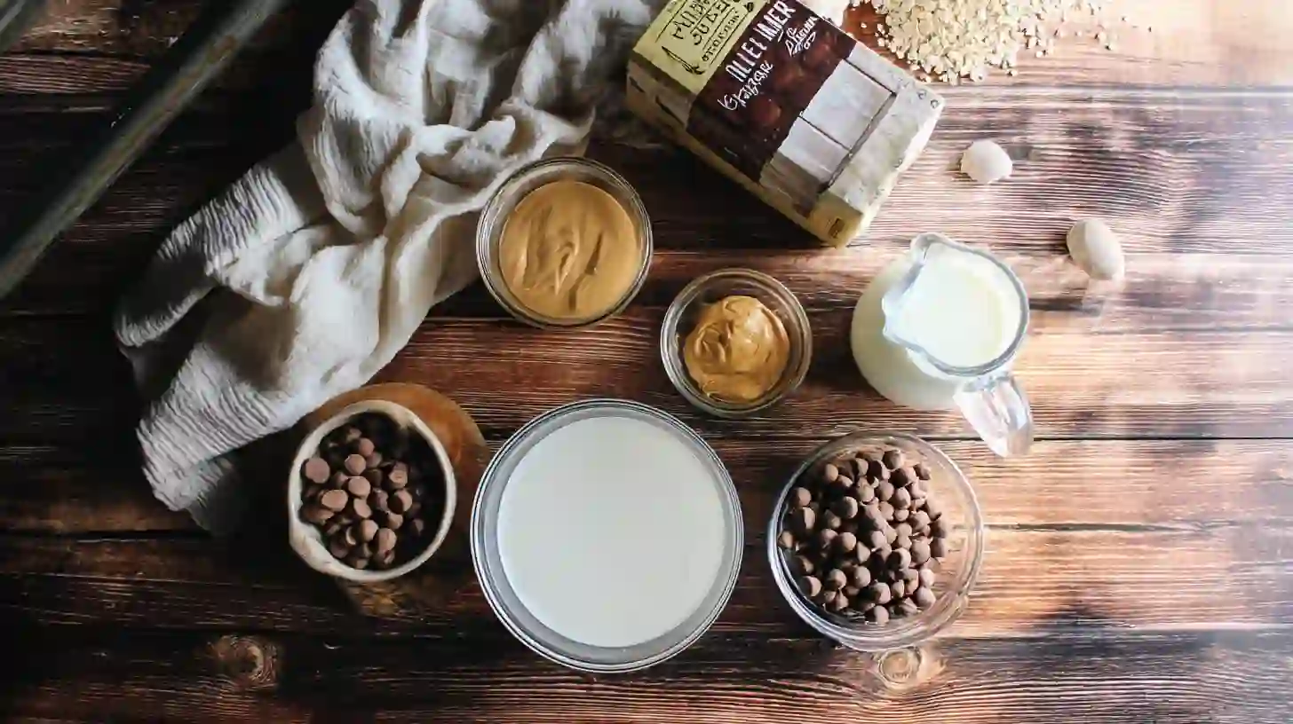 peanut-butter-cup-dump-cake-delight-ingredients-Image Ingredients for peanut butter cup dump cake delight including chocolate cake mix, peanut butter, and candy cups, perfect for easy dessert recipes for families