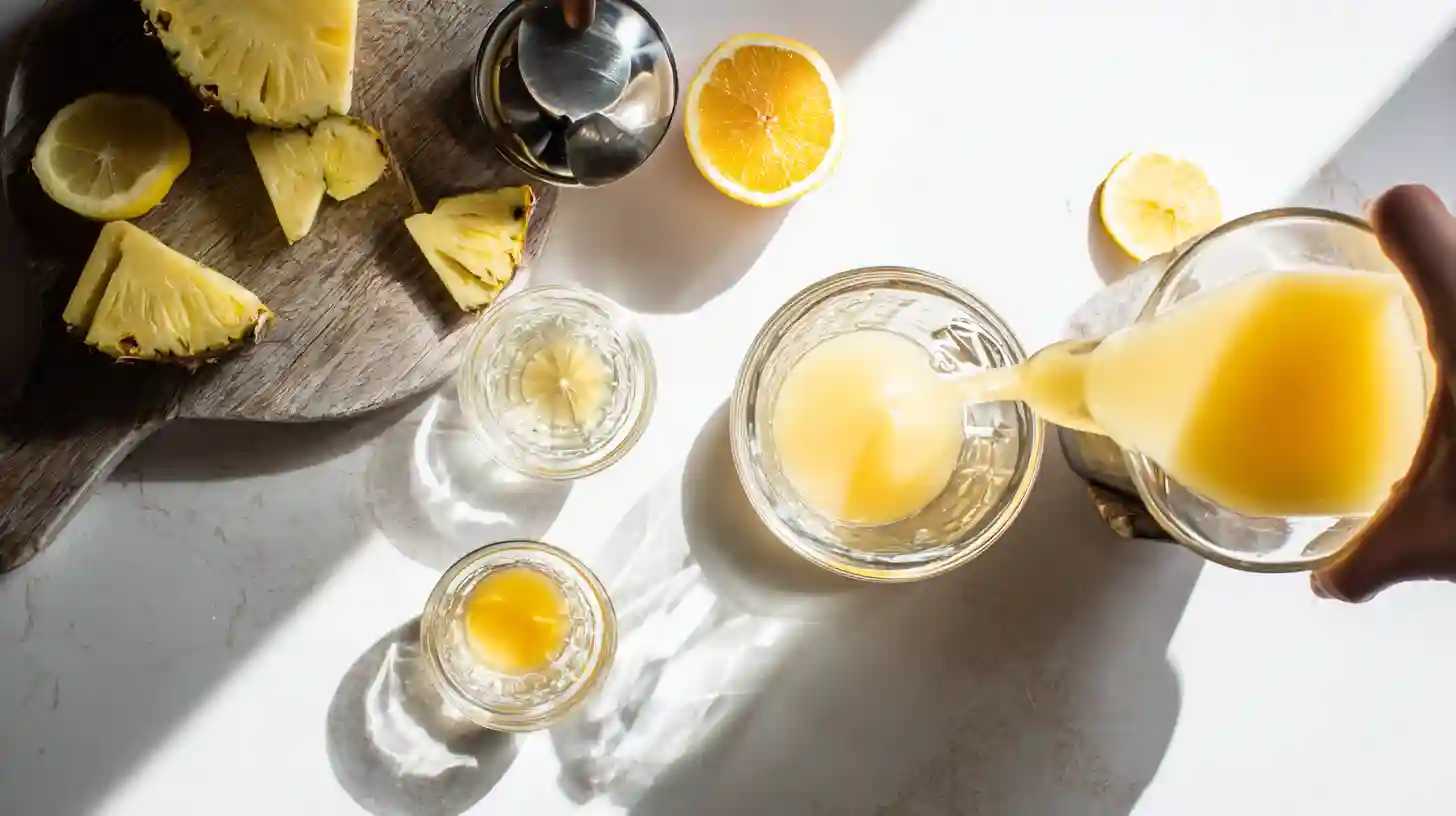 pineapple-lemon-cocktail-juice-shaker-step Pouring pineapple and lemon juice into cocktail shaker – pineapple cocktail ideas and healthy juice-based cocktails
