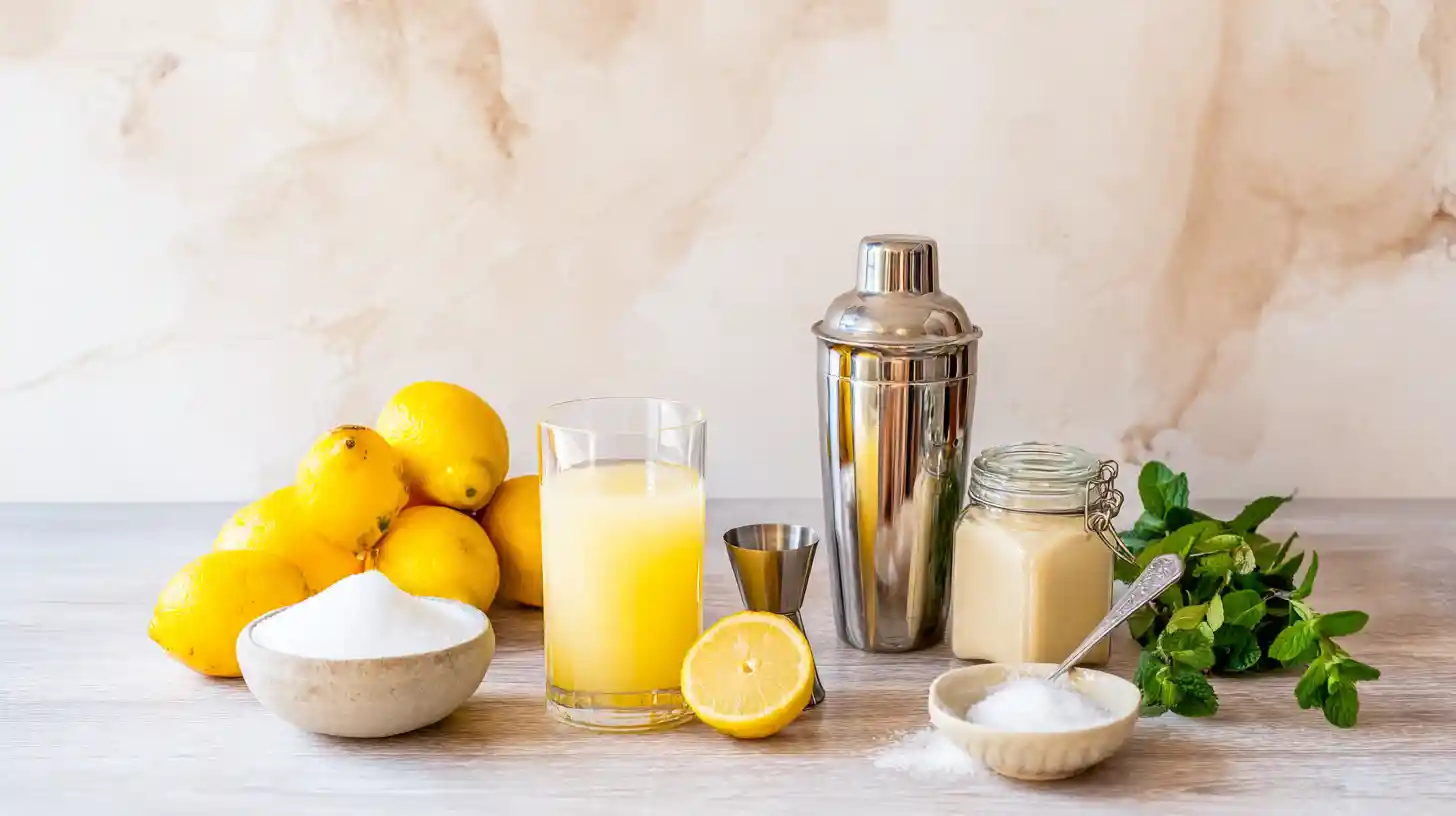 pineapple-lemon-drop-cocktail-ingredients-Image Ingredients for Pineapple Lemon Drop Cocktail with fresh lemons and pineapple juice – healthy juice-based cocktail prep