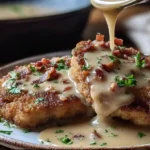 plated country fried pork chops smothered in creamy bacon gravy – easy southern comfort food dinner