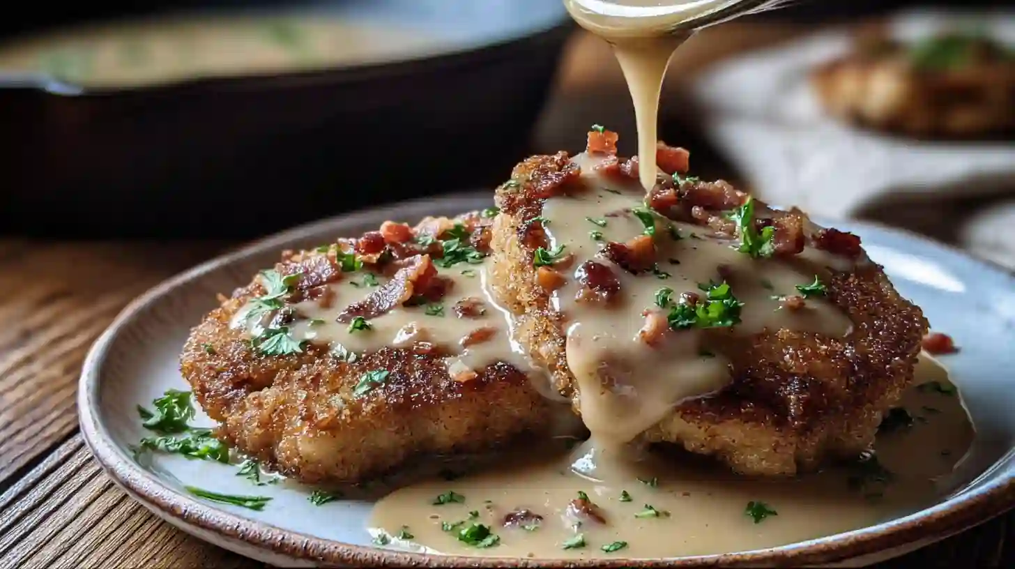 plate-country-fried-pork-chops-creamy-bacon-gravy-step6 plated country fried pork chops smothered in creamy bacon gravy – easy southern comfort food dinner