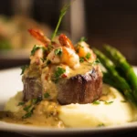 Plated Easy Filet Mignon Shrimp Lobster with mashed potatoes and asparagus – high-end surf and turf dinner idea for special occasions.