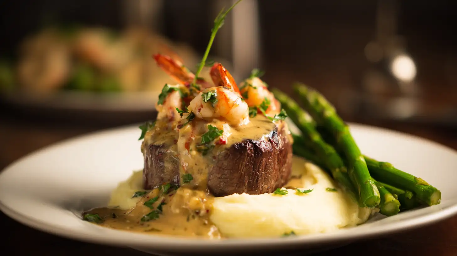 plated-easy-filet-mignon-shrimp-lobster-surf-turf Plated Easy Filet Mignon Shrimp Lobster with mashed potatoes and asparagus – high-end surf and turf dinner idea for special occasions.