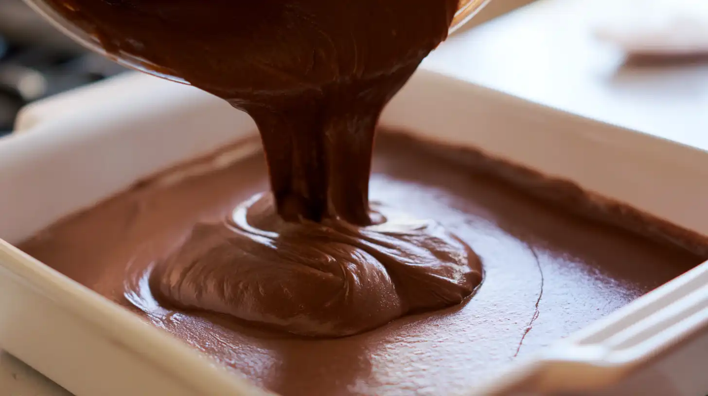 pour-batter-over-peanut-butter-dump-cake Pouring chocolate cake batter over peanut butter layer for peanut butter cup dump cake delight, one of the best easy dessert recipes for families