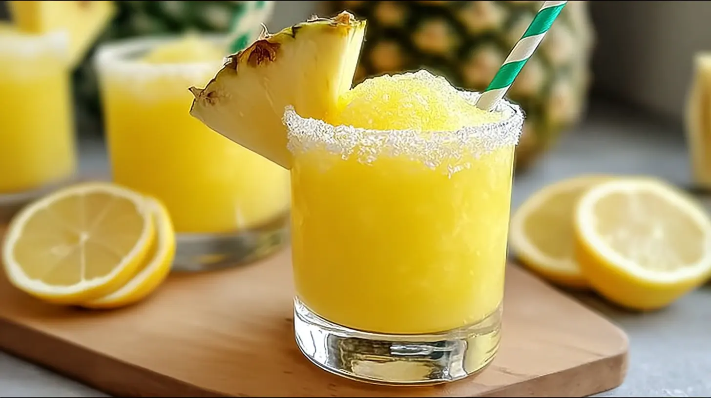 pour-pineapple-lemon-drop-cocktail-garnish Straining pineapple lemon drop cocktail into sugared glass – easy summer cocktails with fresh juice