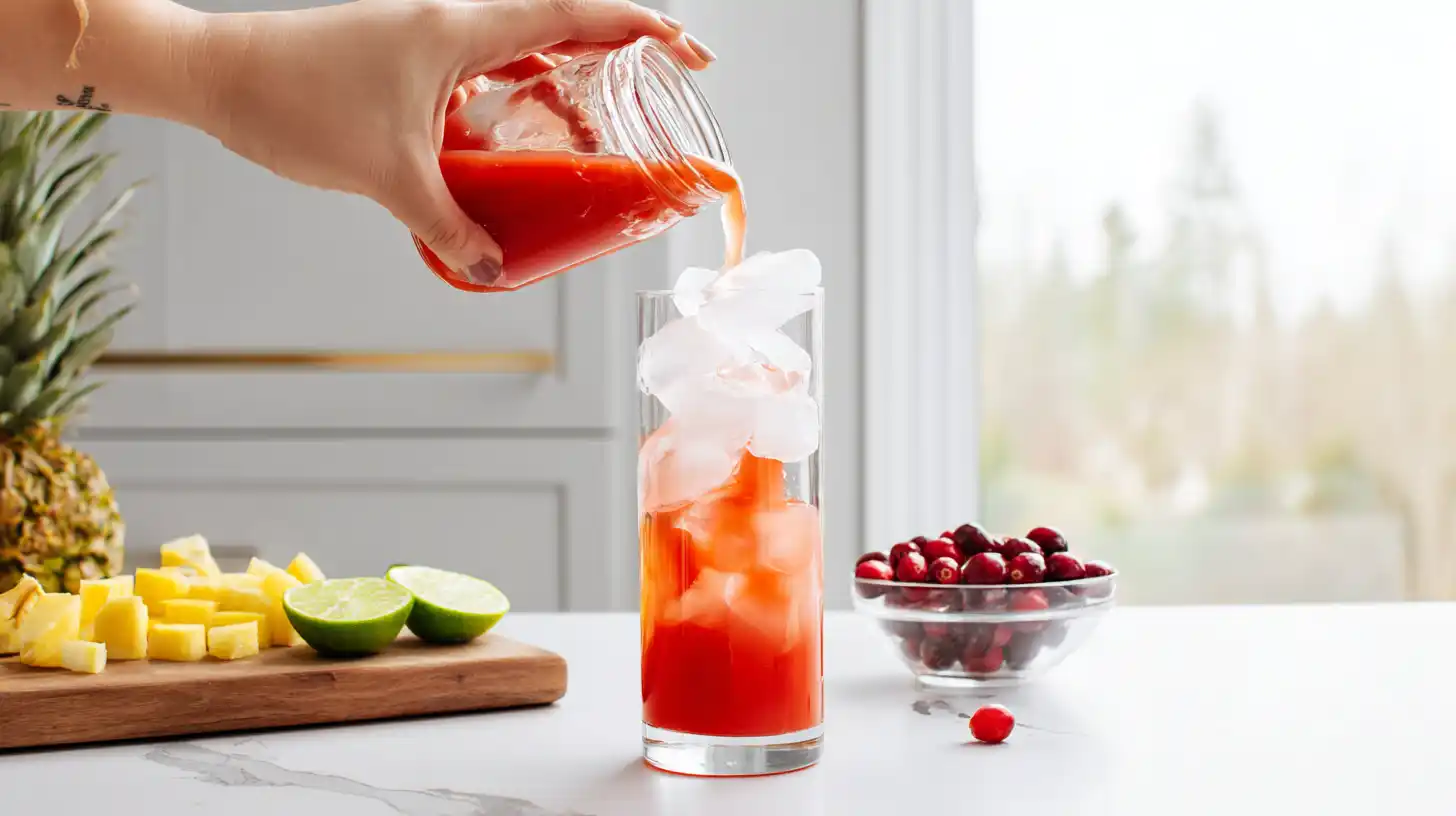 pouring-cranberry-pineapple-fizz-step2 Pouring cranberry pineapple juice over ice for fizzy non-alcoholic holiday drinks and quick party punch ideas