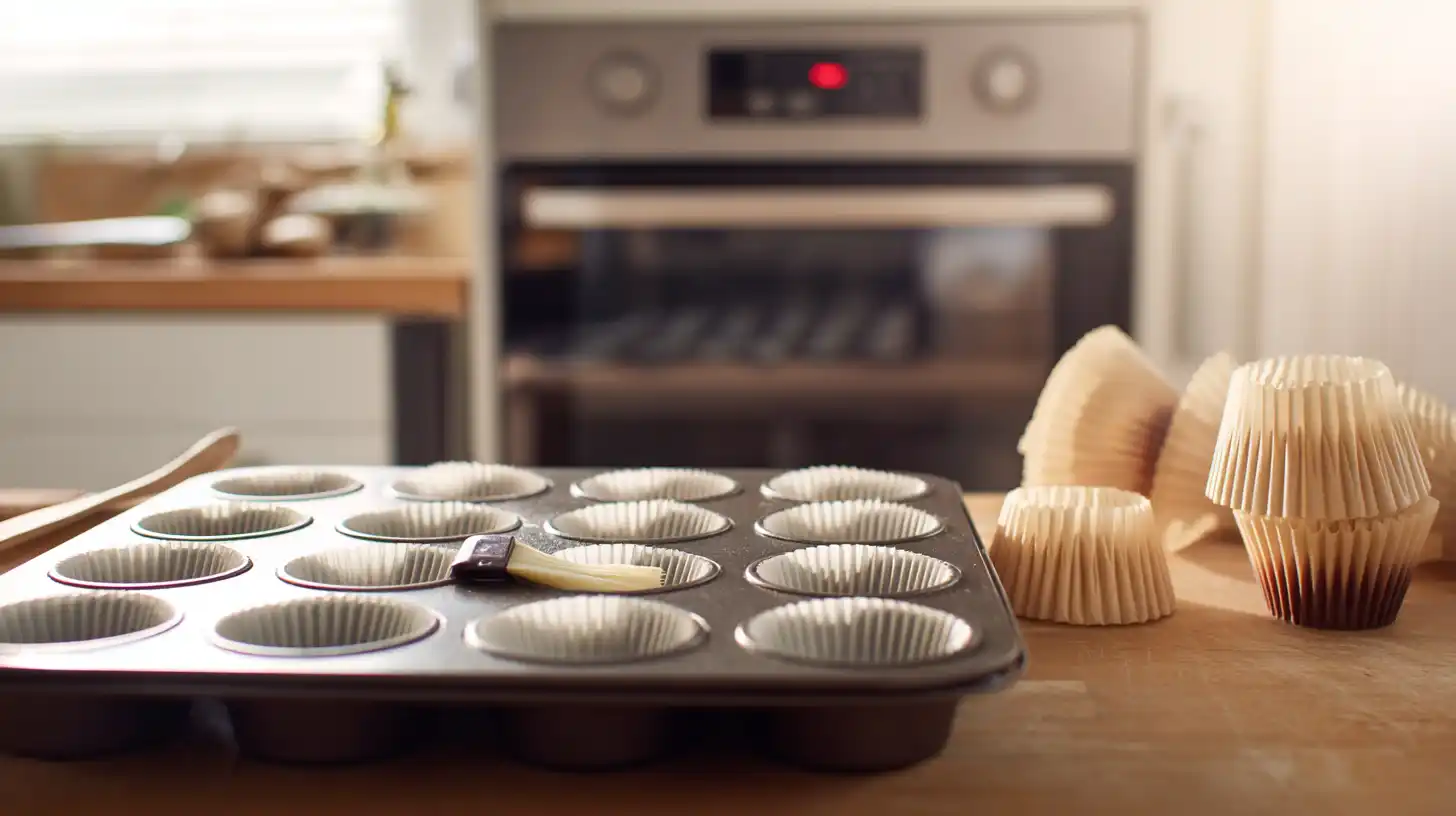 preheat-grease-pan-zucchini-muffins Preheating oven and greasing muffin tin for zucchini, potato, carrot & cheese muffins – perfect for easy vegetable muffin recipe with fast cleanup