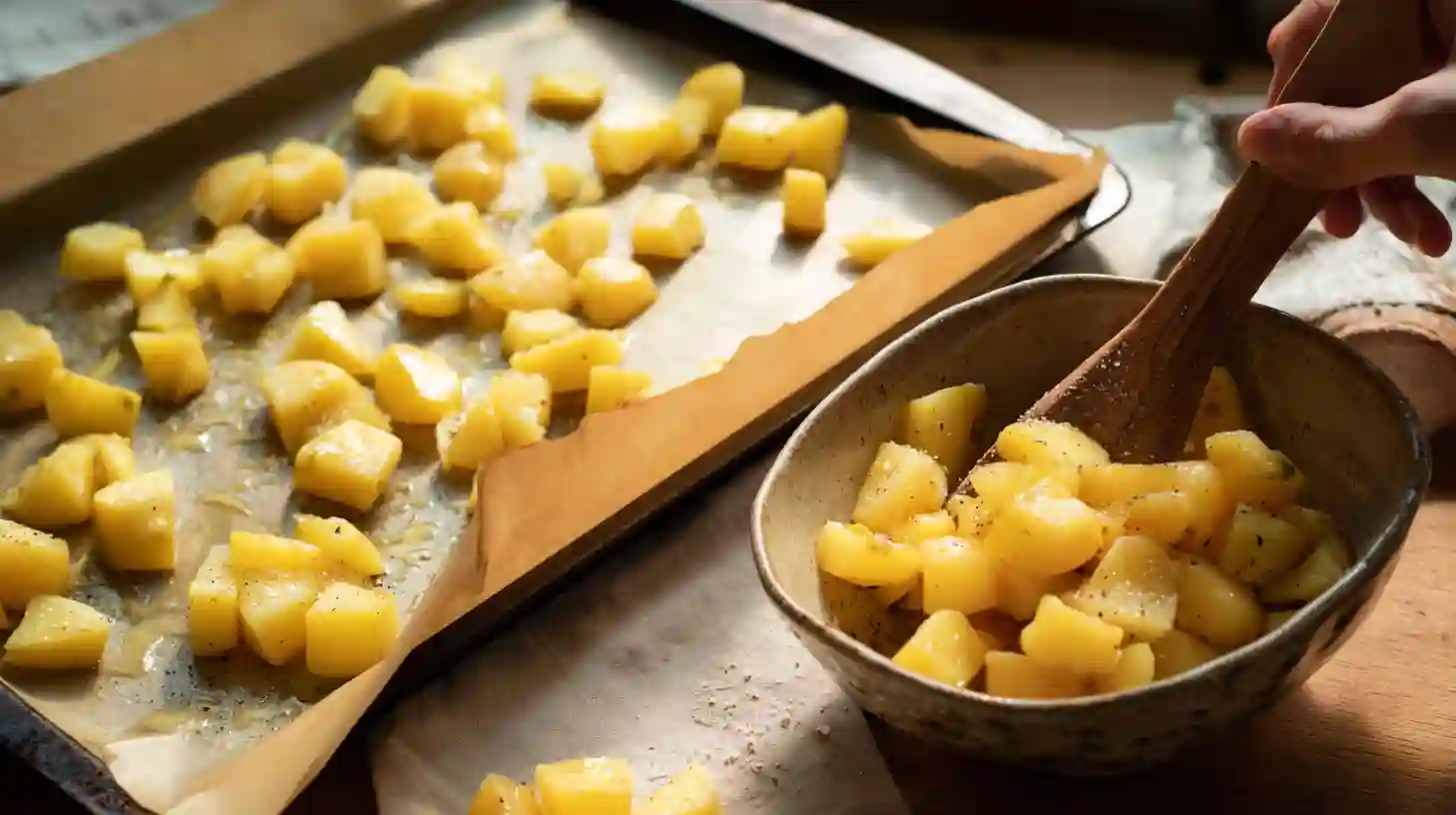 prep-potatoes-sweet-savory-sausage-dinner Tossing diced potatoes in olive oil, salt, and pepper for Sweet and Savory Glazed Sausage and Potatoes – easy sheet pan dinner recipe for families.