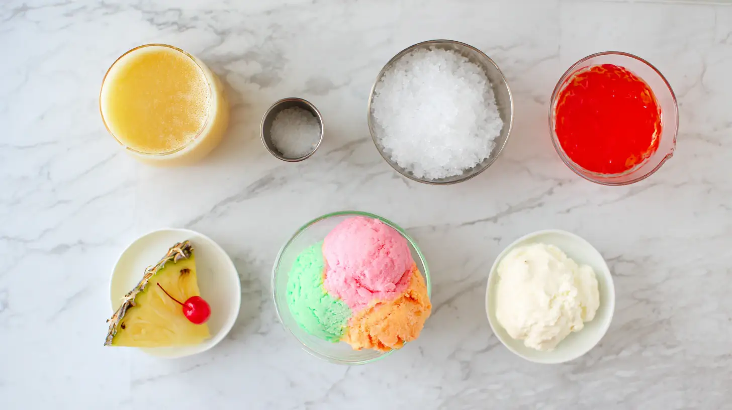 rainbow-sherbet-Piña-colada-recipe-ingredients-Image Rainbow Sherbet Piña Colada ingredients – pineapple juice, coconut cream, rainbow sherbet, crushed ice, and tropical garnishes