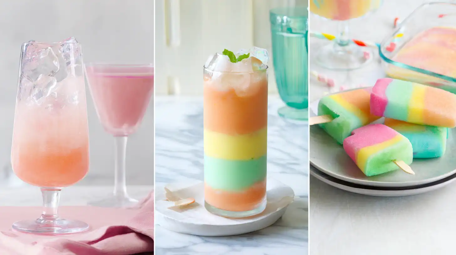 rainbow-sherbet-pina-colada-fun-twists Fun twists on Rainbow Sherbet Piña Colada – mocktail with coconut water, layered rainbow party drink, and frozen sherbet dessert popsicles