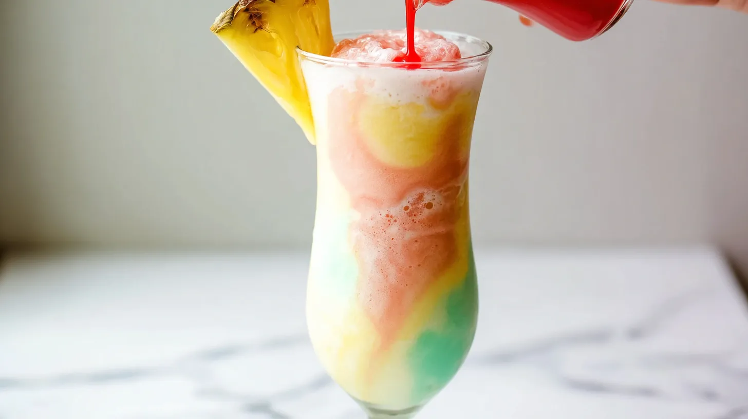 rainbow-sherbet-pina-colada-step-3-pour Rainbow Sherbet Piña Colada step 3 – pouring creamy tropical drink into chilled glass with grenadine drizzle