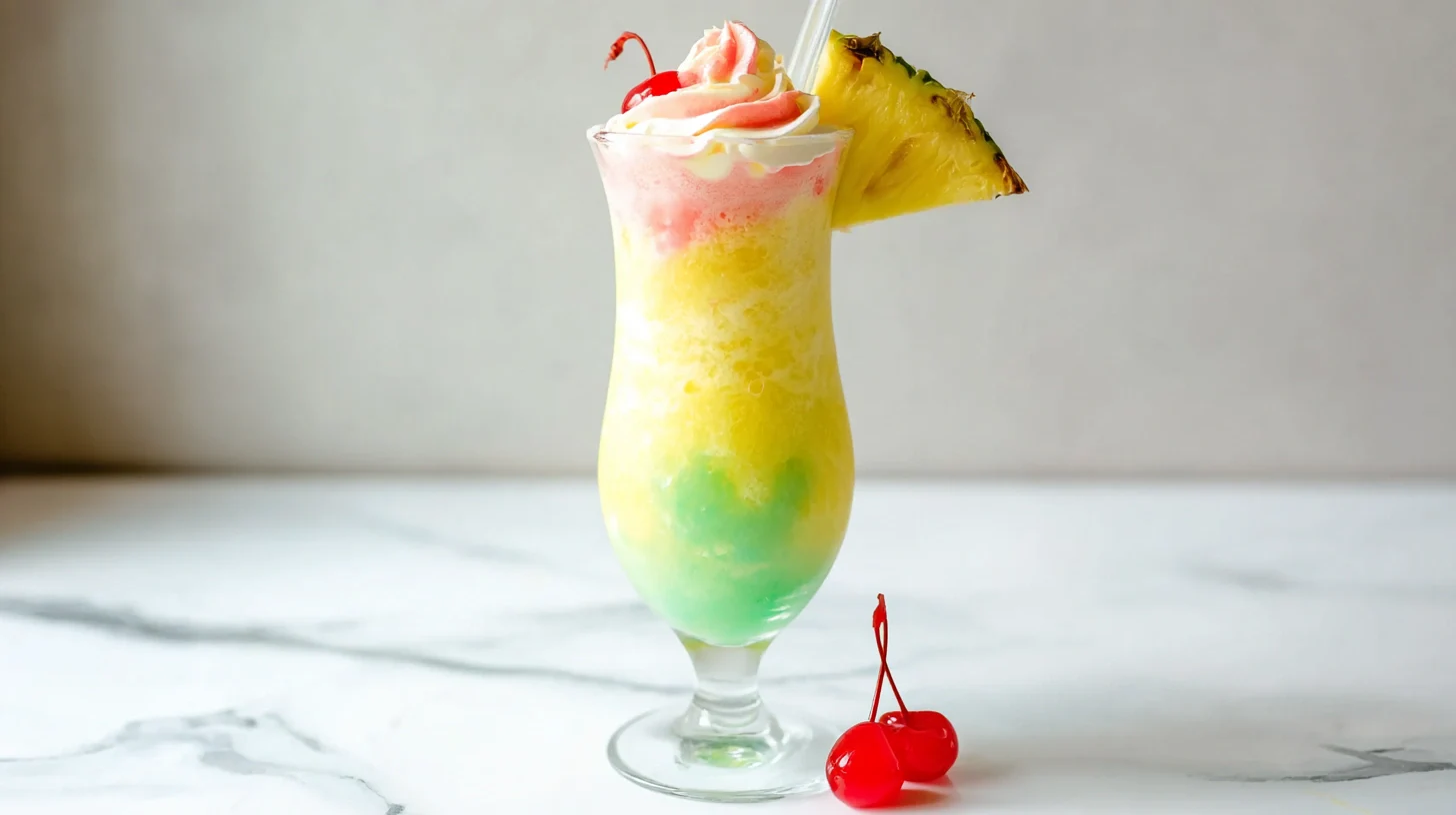 rainbow-sherbet-pina-colada-step-4-garnish Rainbow Sherbet Piña Colada step 4 – tropical drink garnished with pineapple slice and cherry, family-friendly frozen cocktail