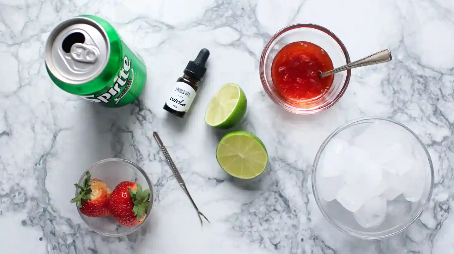 refreshing-strawberry-dirty-sprite-recipe-ingredients Refreshing Strawberry Dirty Sprite Recipe ingredients – Sprite, strawberry syrup, lime juice, vanilla, ice, fresh strawberries, lime wedge