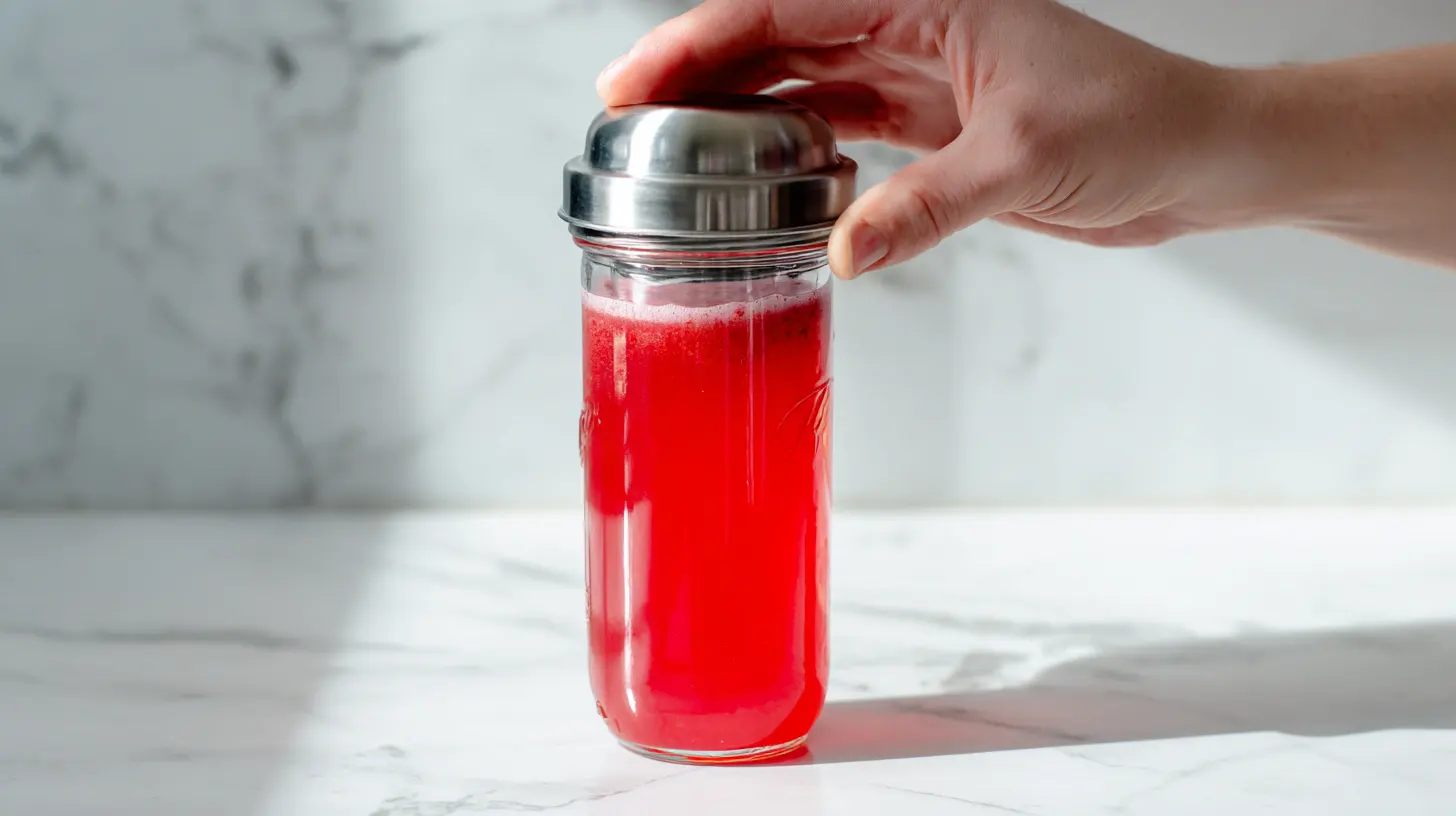 refreshing-strawberry-dirty-sprite-recipe-step-2-mix-strawberry-magic Refreshing Strawberry Dirty Sprite Recipe – mixing strawberry syrup, lime juice, and vanilla in a shaker for the best summer party drinks