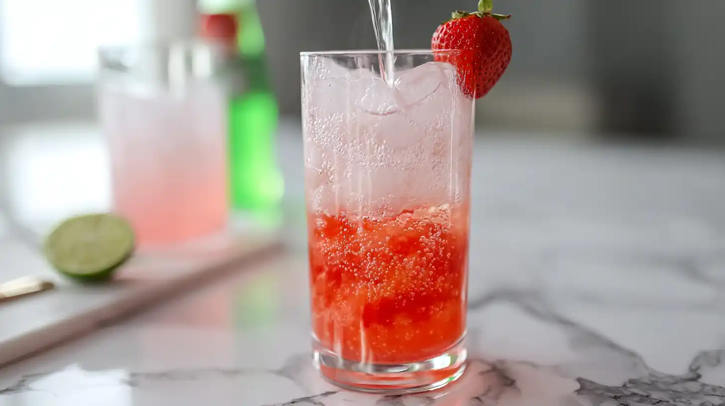 refreshing-strawberry-dirty-sprite-recipe-step-3-add-bubbles Refreshing Strawberry Dirty Sprite Recipe – pouring fruity strawberry mix into ice-filled glass, topping with Sprite for refreshing summer drink recipes