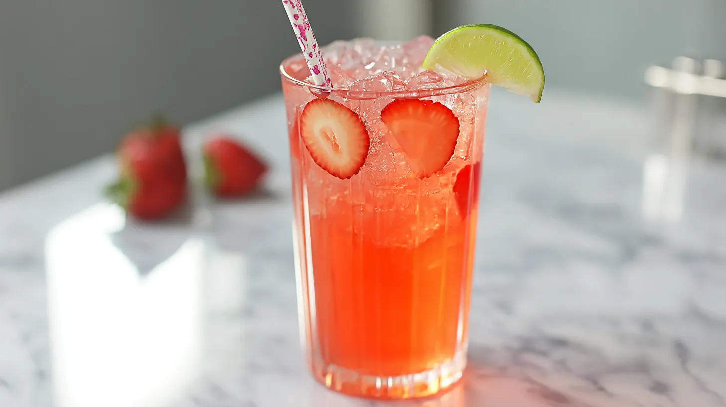 refreshing-strawberry-dirty-sprite-recipe-step-4-garnish-glow Refreshing Strawberry Dirty Sprite Recipe – garnished with fresh strawberries, lime wedge, and straw for the best summer party drinks