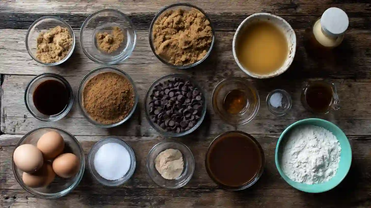 rich-gooey-caramel-brownie-pie-ingredients-Image caramel brownie pie ingredients in bowls on rustic kitchen counter