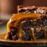 rich gooey caramel brownie pie slice dripping with caramel